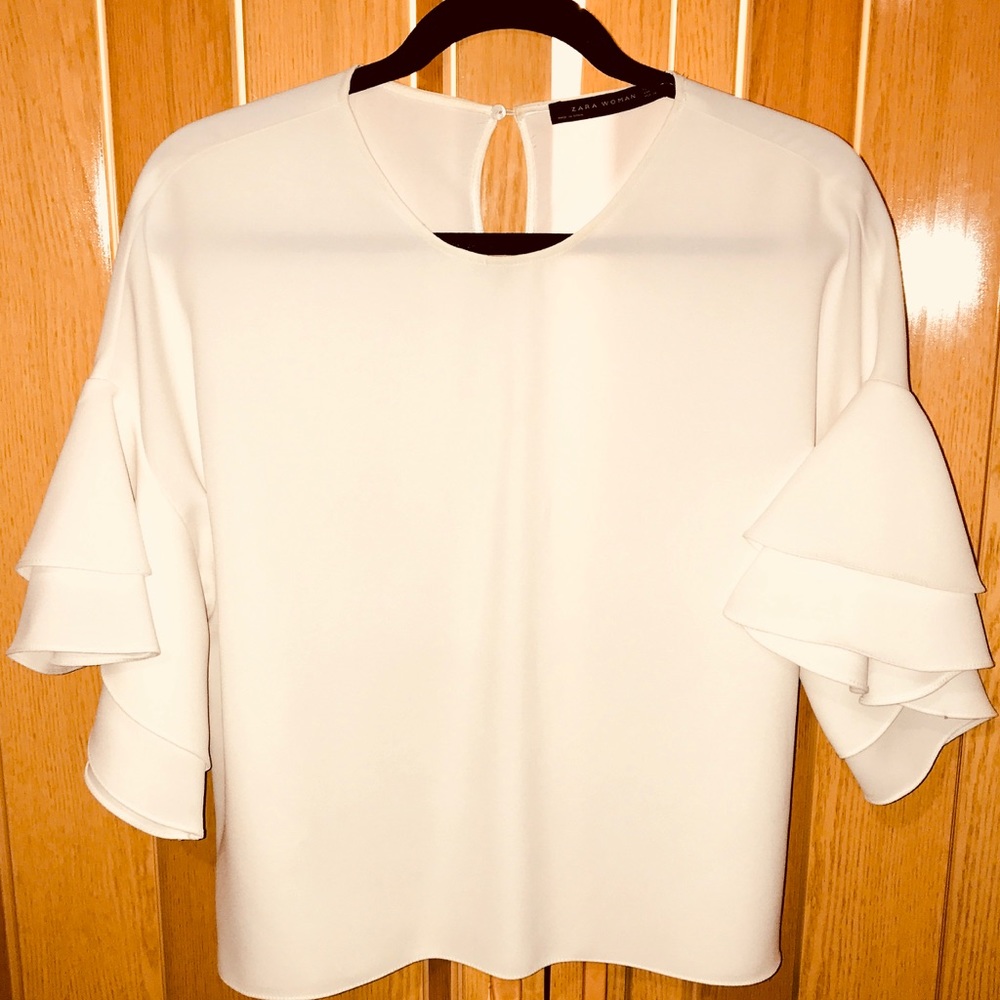 Zara White Shirt W/. Ruffled Sleeves